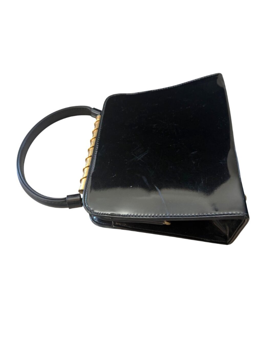 Womens Evening Bag Black Patent Leather Vintage 60s Top Handle Purse Mid Century - Picture 2 of 7